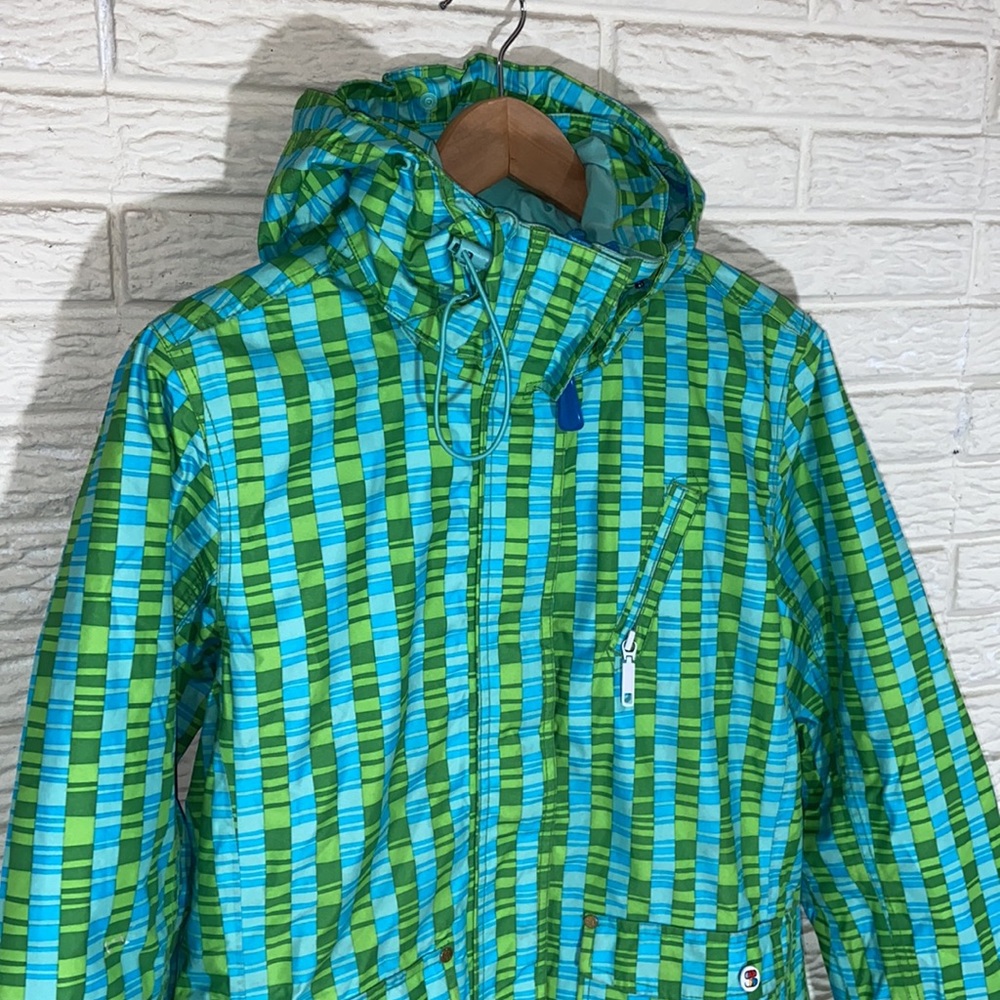 Special Blend Snowboard Jacket Size Medium Green & Blue Stripe Pattern Hooded - Picture 2 of 10